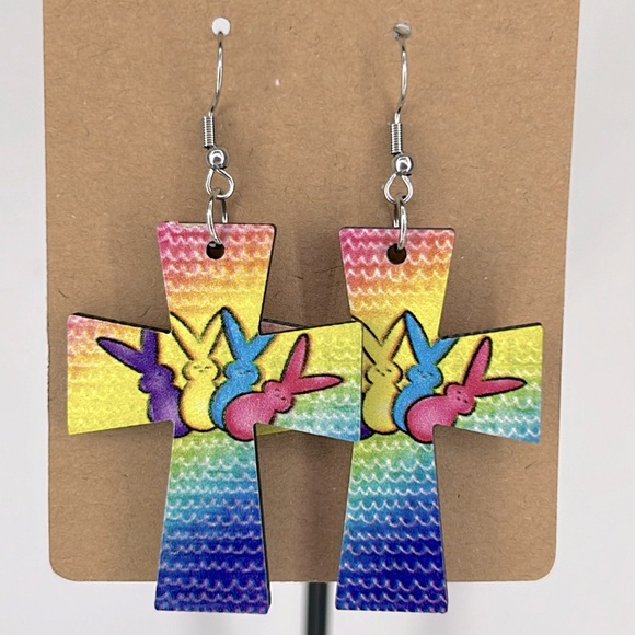 Jewelry - Light Weight Wooden Easter Cross With Peeps Dangle Earrings